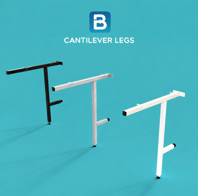 Three cantilever leg supports in black, white, and silver are displayed on a solid teal background with a blue brand logo and text at the top reading 'B CANTILEVER LEGS'.