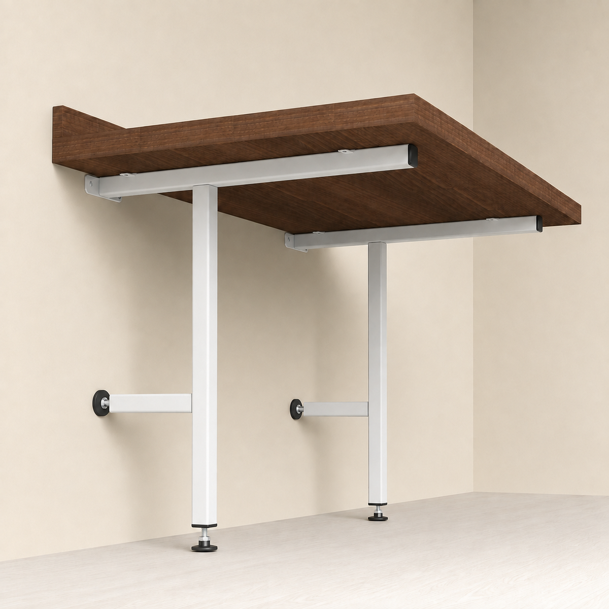 A wall-mounted wooden desk with a dark brown wood-grain top and white metal legs and support brackets, shown against a beige wall and light floor.