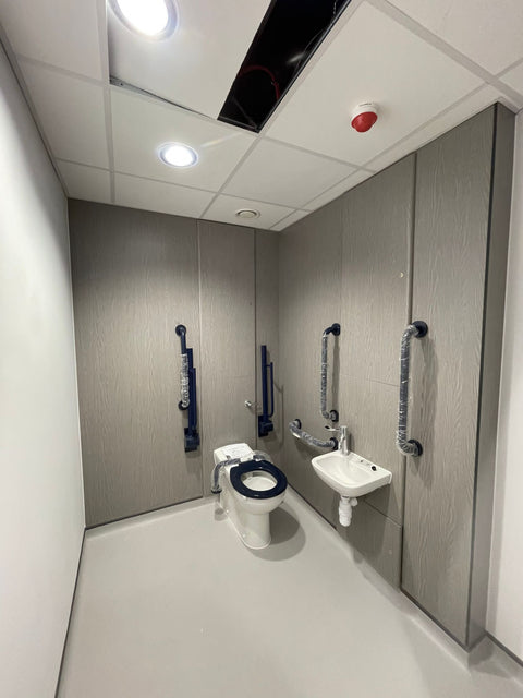 Grey woodgrain IPS panelling in an accessible hospital toilet, behind the WC and basin, with grab rails fitted