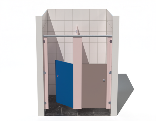Two washroom toilet cubicles between walls with coloured doors in a tiled bathroom