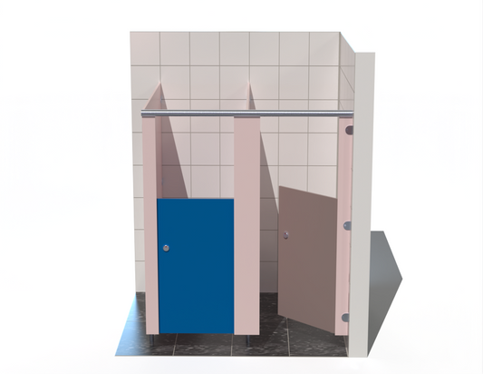 Two washroom toilet cubicles between walls with coloured doors in a tiled bathroom