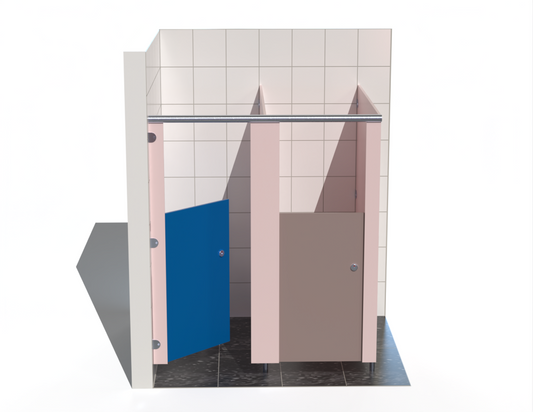 Two washroom toilet cubicles between walls with coloured doors in a tiled bathroom