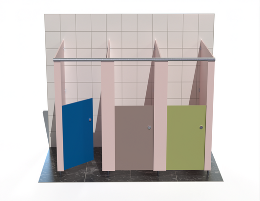 Three washroom toilet cubicles Freestanding with coloured doors in a tiled bathroom