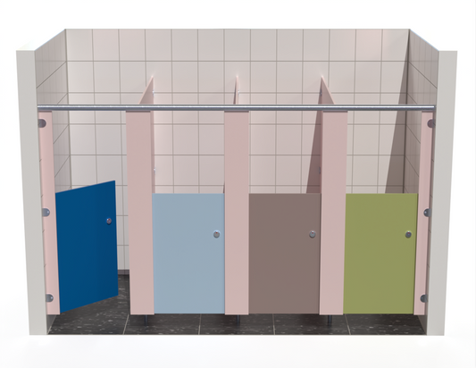 Four washroom toilet cubicles In-Between with coloured doors in a tiled bathroom