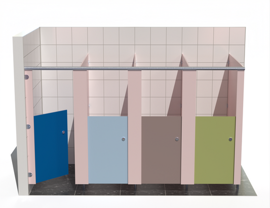Four washroom toilet cubicles In-Between with coloured doors in a tiled bathroom