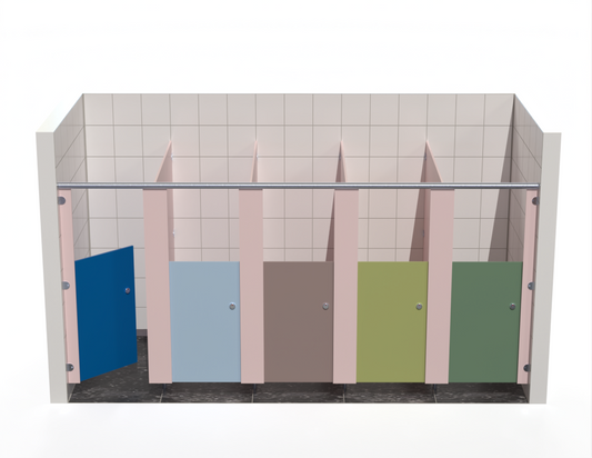 Five washroom toilet cubicles In-Between with coloured doors in a tiled bathroom