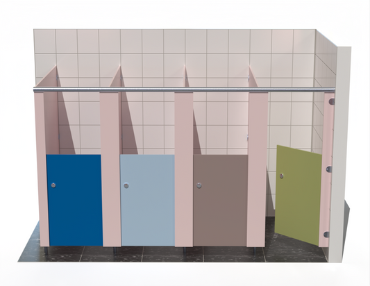 4 toilet cubicle In to Rightt corner with coloured doors in a tiled bathroom