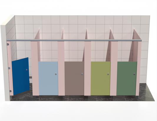 Five washroom toilet cubicles In-to left Corner with coloured doors in a tiled bathroom