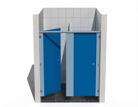 Double toilet cubicle Inbetween walls with Bridgewater Blue doors in a tiled bathroom