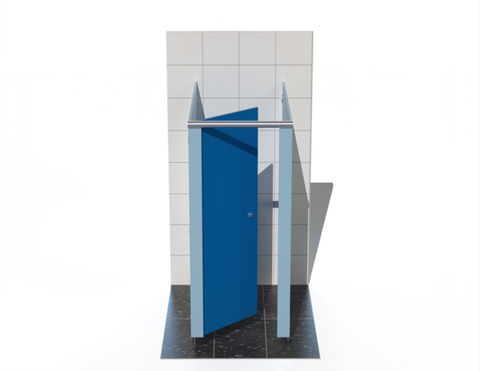 Single toilet cubicle into left corner with Bridgewater Blue doors in a tiled bathroom