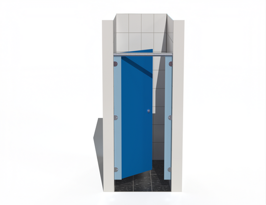 Single toilet cubicle Inbetween walls with Bridgewater Blue doors in a tiled bathroom