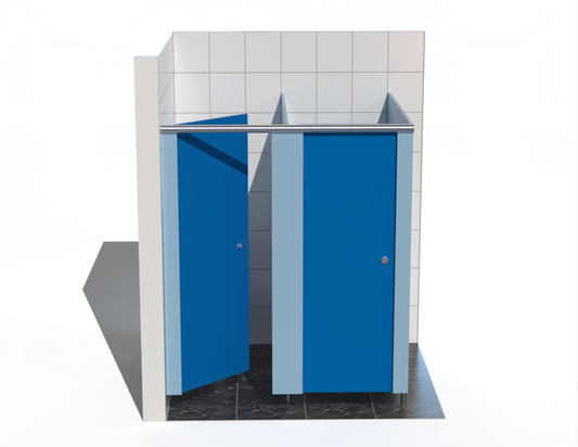 Double toilet cubicle – Washroom Cubicles - Into Left Corner - with Bridgewater Blue doors in a tiled bathroom