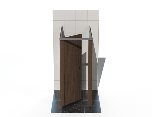 One toilet cubicle – Washroom Cubicles – Freestanding - with woodgrain doors in a tiled bathroom
