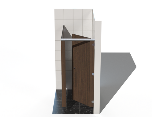 One toilet cubicle – Washroom Cubicles –into Right Corner - with Woodgrain doors in a tiled bathroom