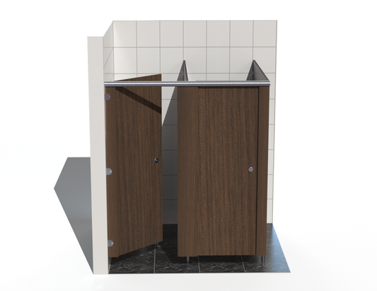 Two toilet cubicle – Washroom Cubicles – Into Left Corner - with Woodrgrain doors in a tiled bathroom