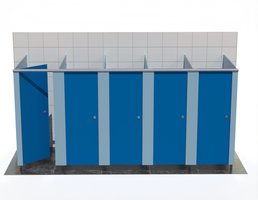 Five toilet cubicle – Washroom Cubicles – Freestanding - with Bridgewater Blue doors in a tiled bathroom