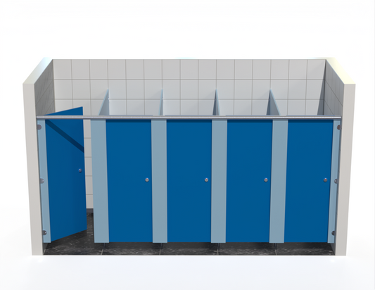 Five toilet cubicle – Washroom Cubicles – In-Between Walls - with Bridgewater Blue doors in a tiled bathroom