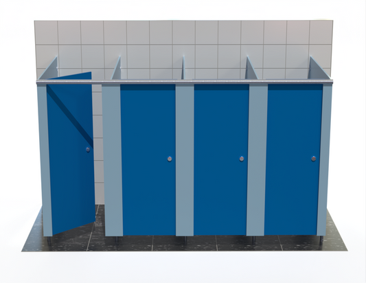 Four toilet cubicle – Washroom Cubicles – Freestanding - with Bridgewater Blue doors in a tiled bathroom