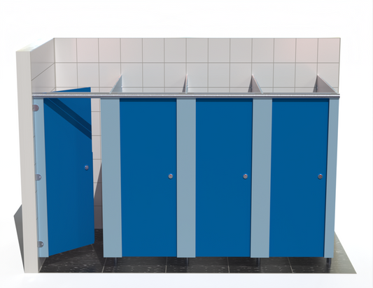 Four toilet cubicle – Washroom Cubicles – Into Left Corner- with Bridgewater Blue doors in a tiled bathroom