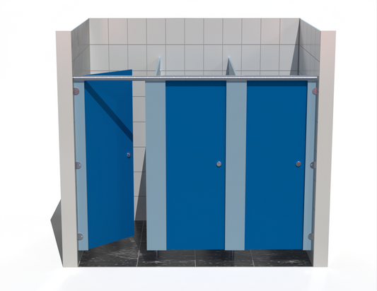 Three toilet cubicle – Washroom Cubicles – Inbetween Walls - with Bridgewater Blue doors in a tiled bathroom