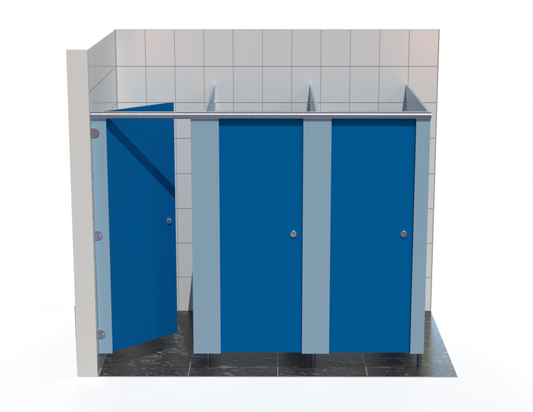 Triple toilet cubicle – Washroom Cubicles - Into Left Corner - with coloured doors in a tiled bathroom