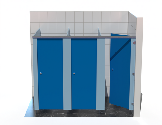 Triple toilet cubicle – Washroom Cubicles - Into Right Corner - with Bridgewater Blue doors in a tiled bathroom
