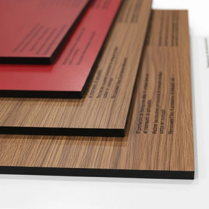 Stack of red and woodgrain CGL Compact Grade Laminate