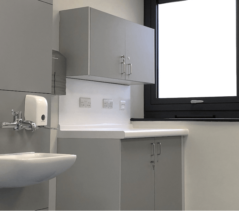 HTM 63 Joinery Worktop above clinical cupboard