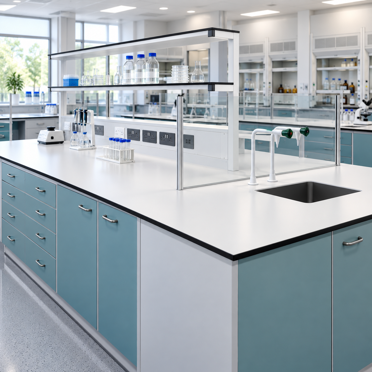 White laboratory grade worktop with a black edge on blue lab cabinets, with a sink cut-out, laboratory taps and a reagent shelf