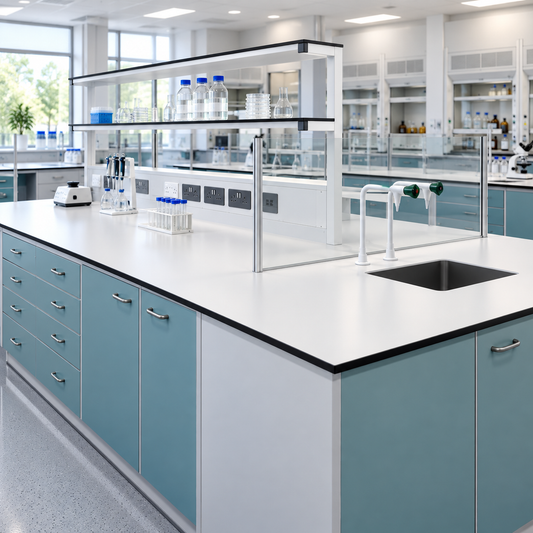 White laboratory grade worktop with a black edge on blue lab cabinets, with a sink cut-out, laboratory taps and a reagent shelf