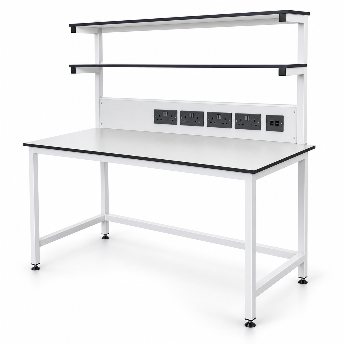 Laboratory workbench with a white laboratory grade worktop and black edge on a white steel frame, with two shelves and a power socket rail
