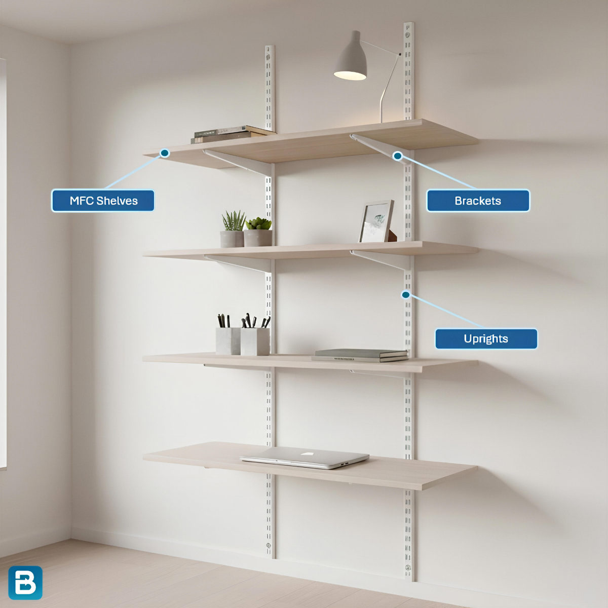 MFC Laminate Shelves Mounted to a Wal l with Metal Spurs
