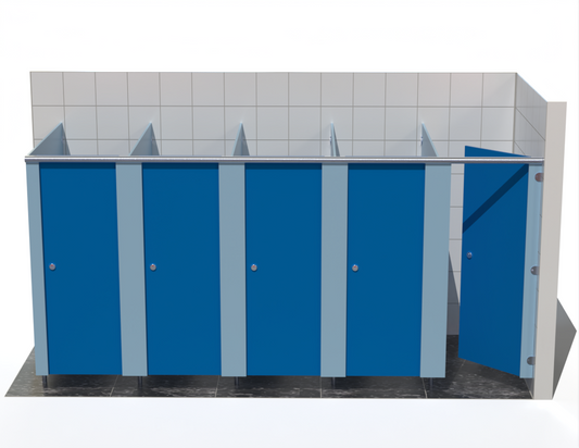 Five toilet cubicle – Washroom Cubicles – Into Right Corner - with Bridgewater Blue doors in a tiled bathroom