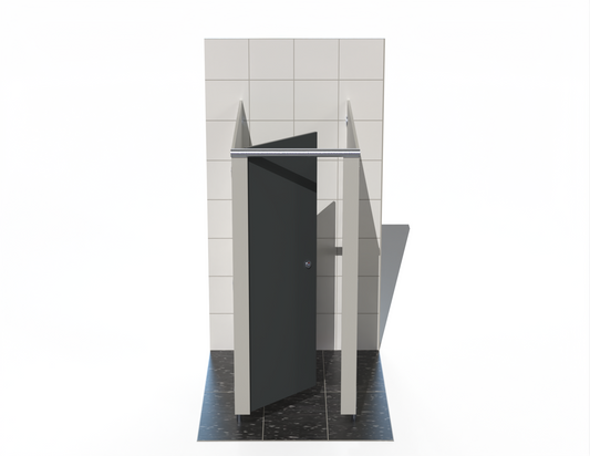 Ascent range washroom cubicles in grey, installed between walls with aluminium pilasters and full-height fascia.
