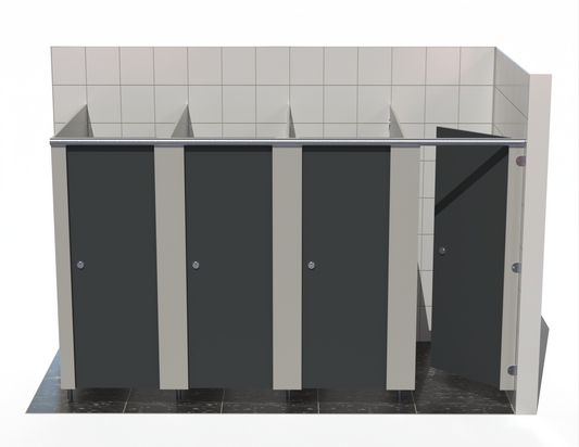 Ascent range washroom cubicles in grey, installed between walls with aluminium pilasters and full-height fascia.