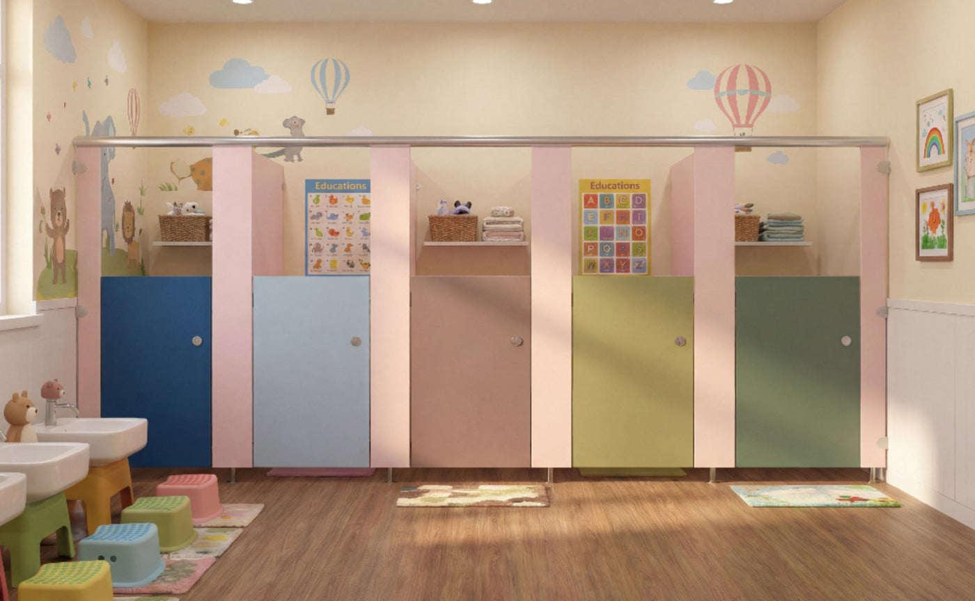Blossom Range low-level nursery toilet cubicles in soft pastel colours for early years washrooms