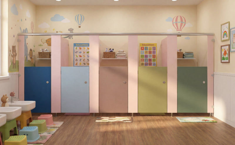 Blossom Range low-level nursery toilet cubicles in soft pastel colours for early years washrooms
