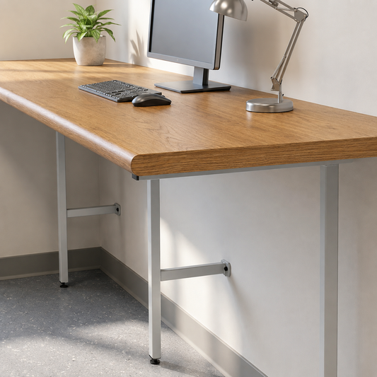 A modern desk with a light oak wood top and slim silver metal legs, shown in a minimalist home office setting with a computer, keyboard, mouse, and desk lamp.