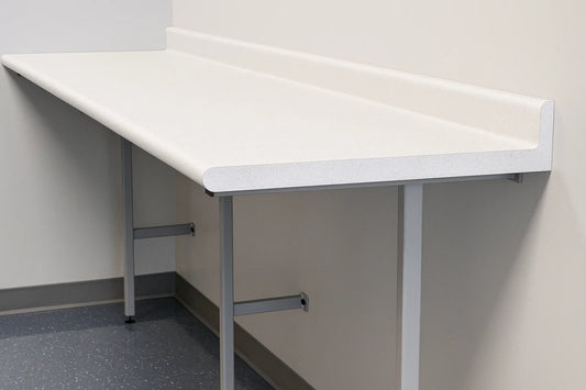 HTM-compliant healthcare worktop with upstand, designed for clinical and medical environments