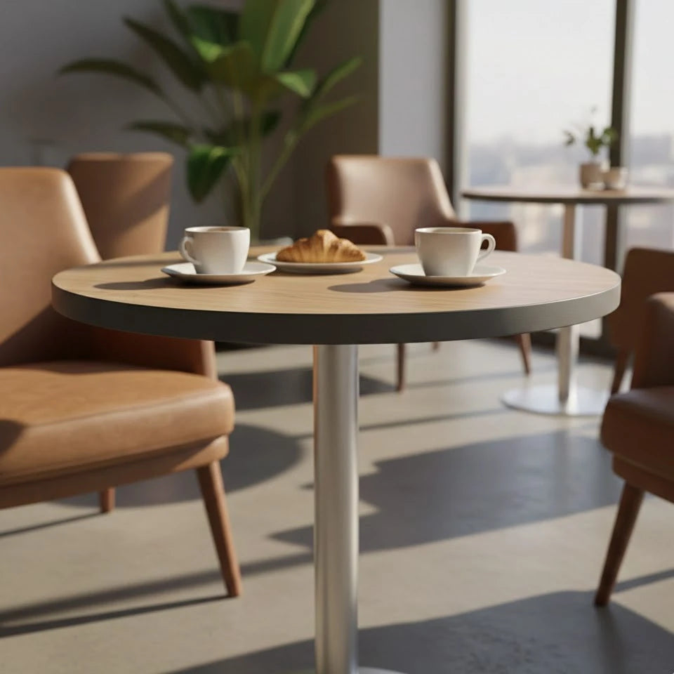 Round laminate coffee shop table in a modern café seating area
