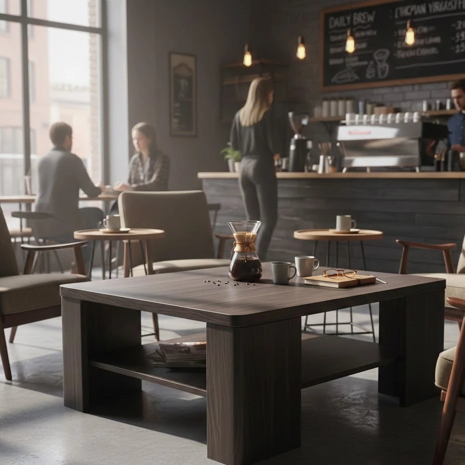 Commercial laminate coffee table in a modern café interior with seating and bar area
