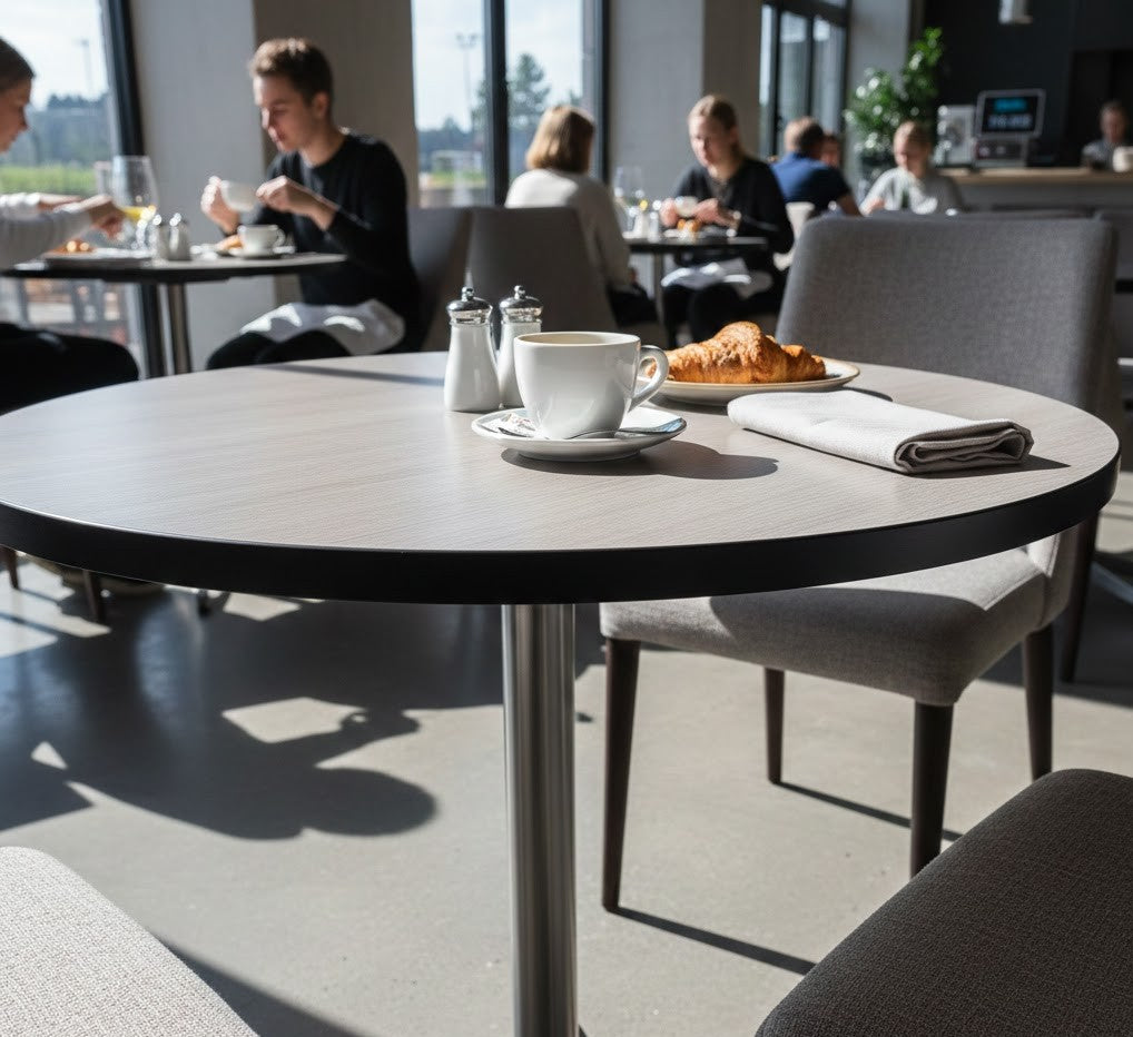 Round laminate restaurant table in a modern dining space with seating
