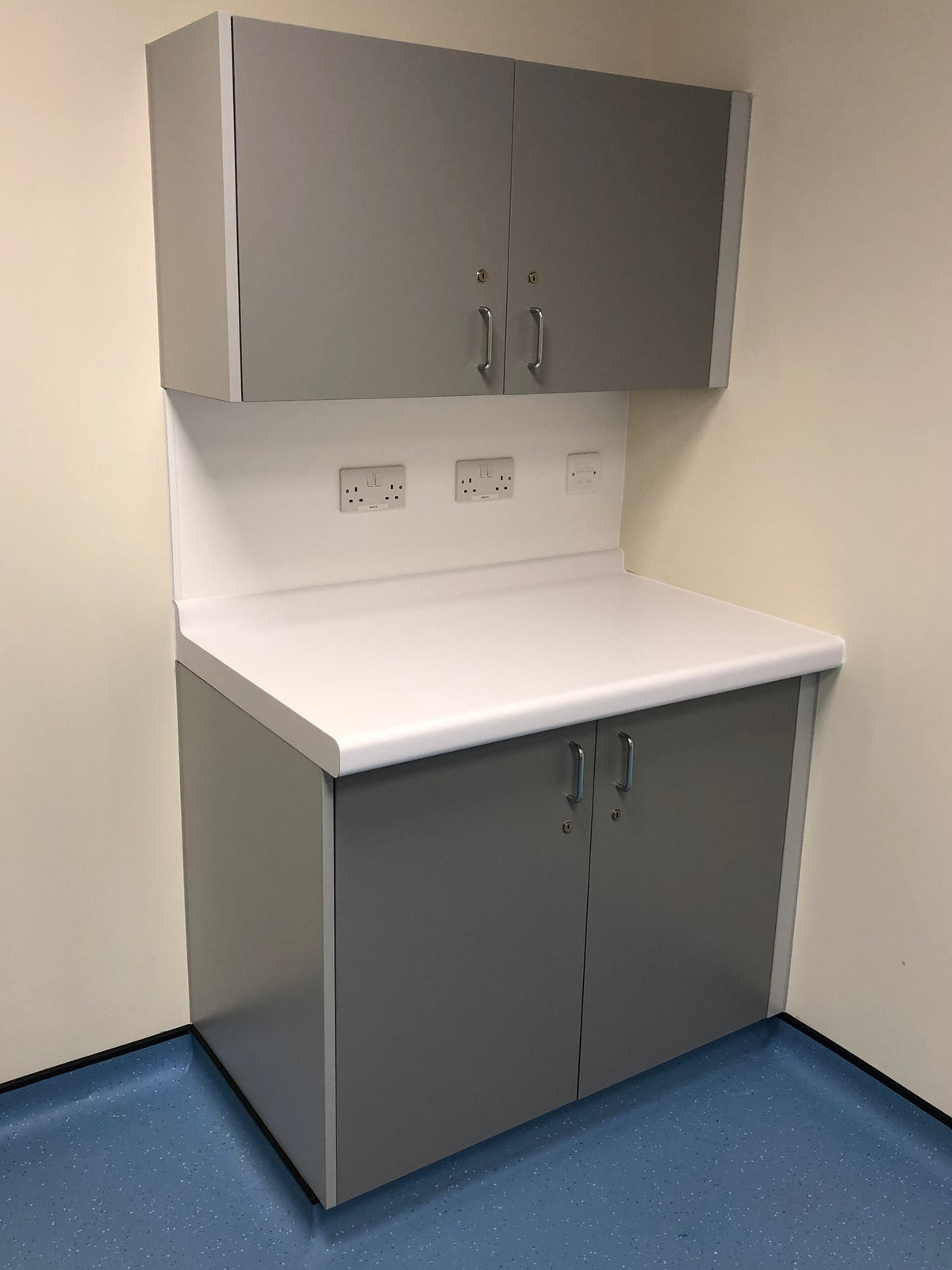 NHS HTM-63 compliant healthcare worktop with integral upstand installed in clinical room