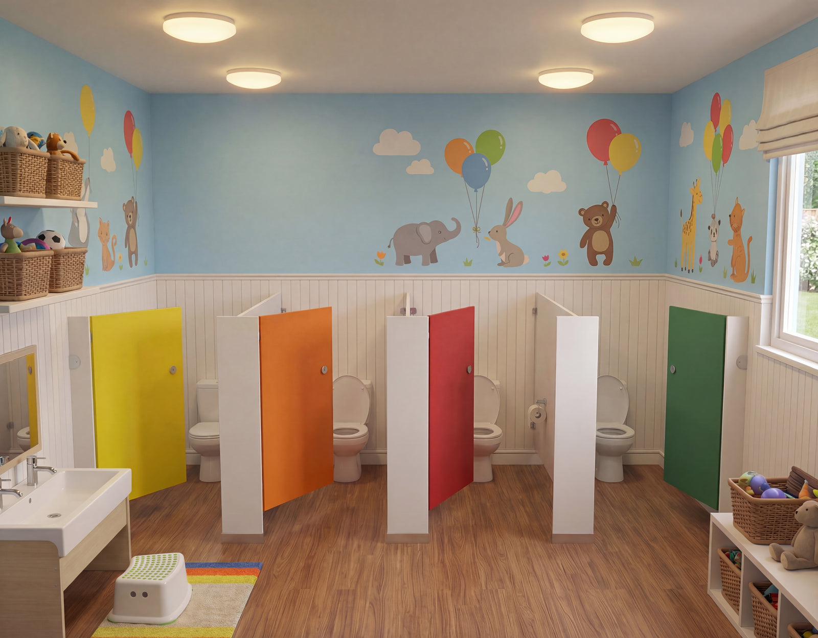 Low-level nursery toilet cubicles in bright colours from the Tippy Toes Range by Bridgewater Direct