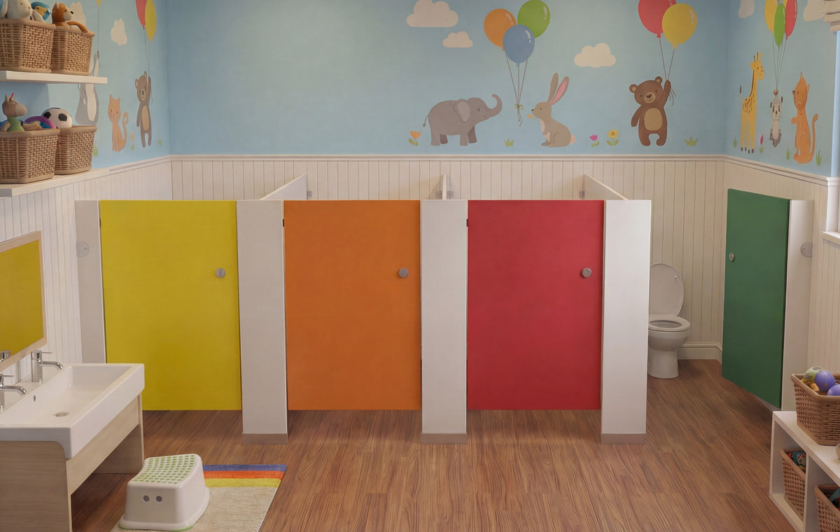 Low-level nursery toilet cubicles in bright colours from the Tippy Toes Range by Bridgewater Direct