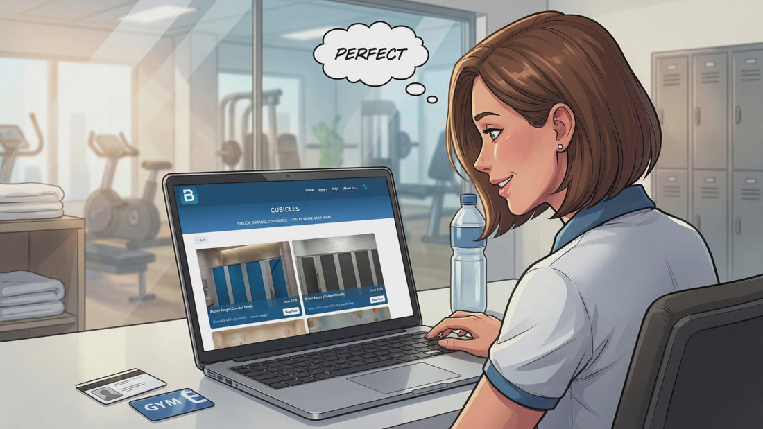 Customer browsing the Bridgewater Direct website to choose made to measure toilet cubicles as part of the online buying journey