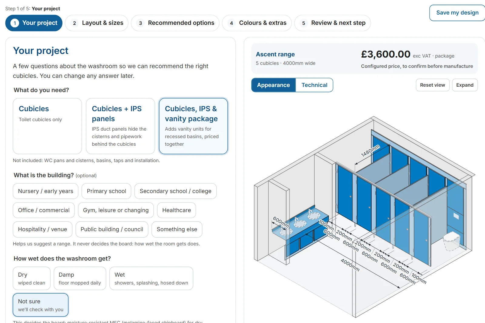 The washroom builder pricing a complete washroom: five cubicles with IPS panels and a vanity unit in a dimensioned 3D drawing, with the live total