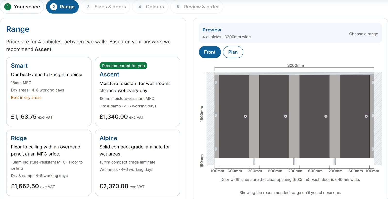 The washroom builder pricing four cubicles across every range, with a dimensioned front drawing
