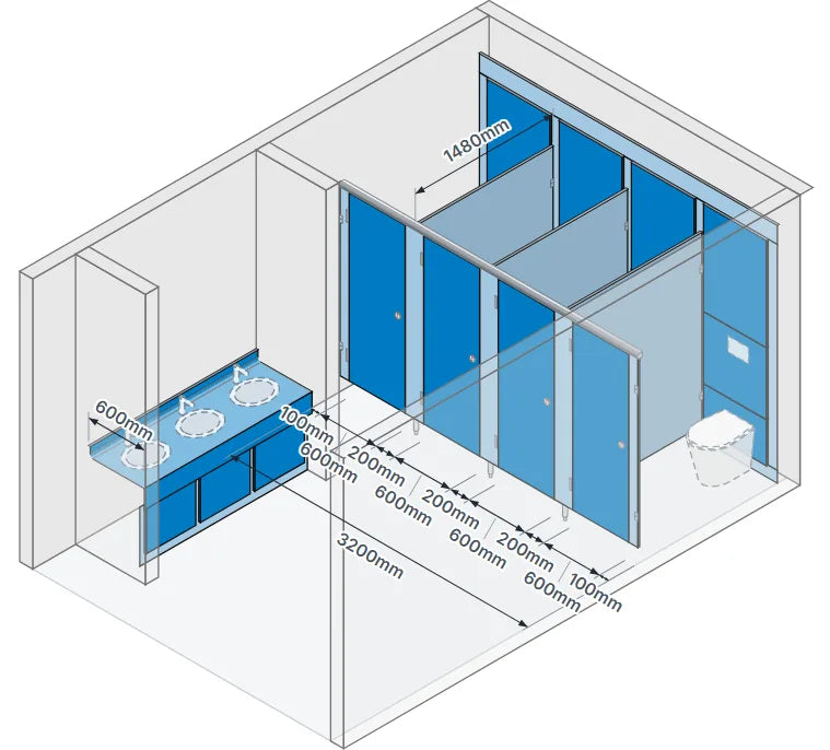 Live 3D drawing of four Ascent cubicles, 3200mm wide, with IPS panels and a vanity unit, every dimension marked