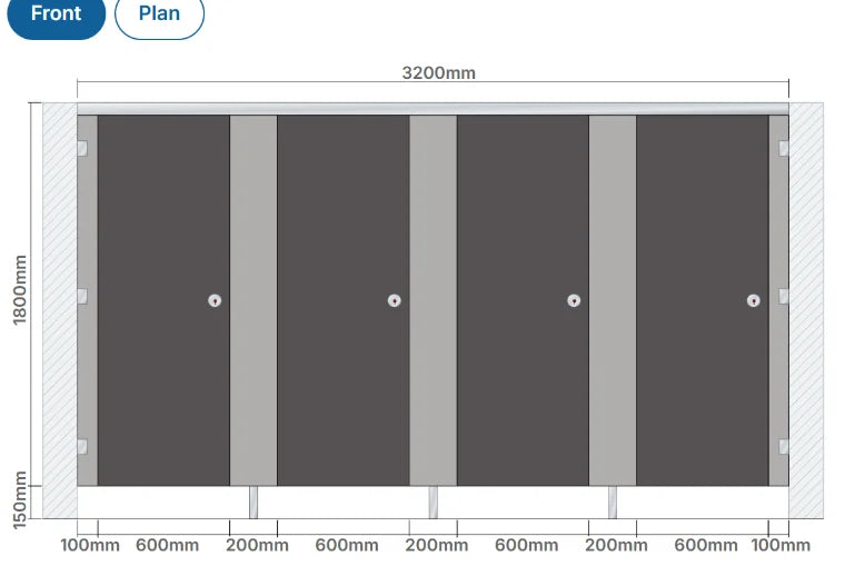 Live front drawing of four cubicles, 3200mm wide, with every dimension marked